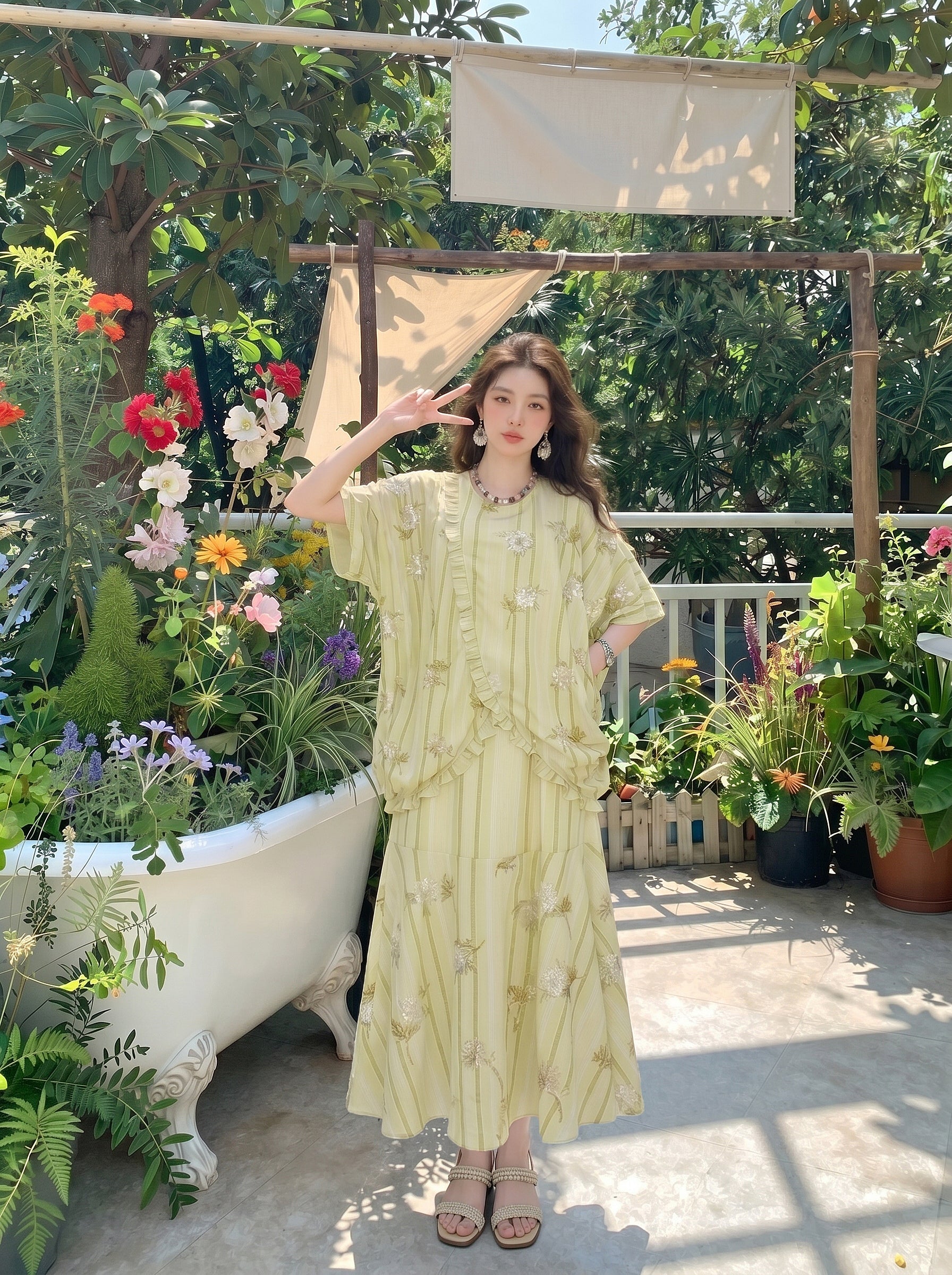 MUKZIN "Capsule Collection" New Chinese Style Two Piece Embroidery Ramie Green Dress
