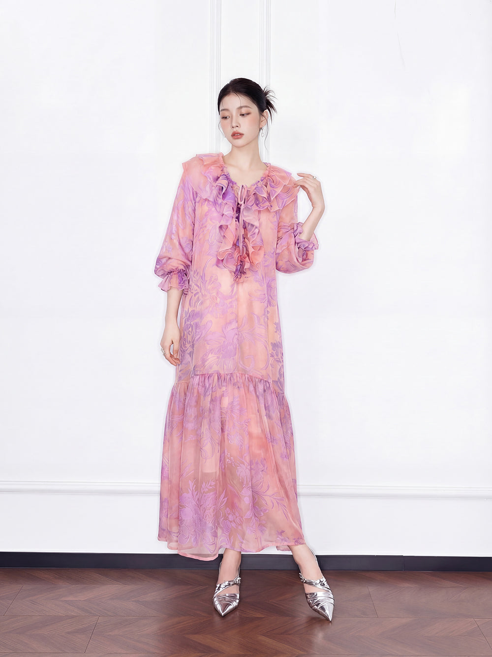 MUKZIN "Capsule Collection" New Chinese Style Embroidered Ruffle V-Neck Printed Pink Dress
