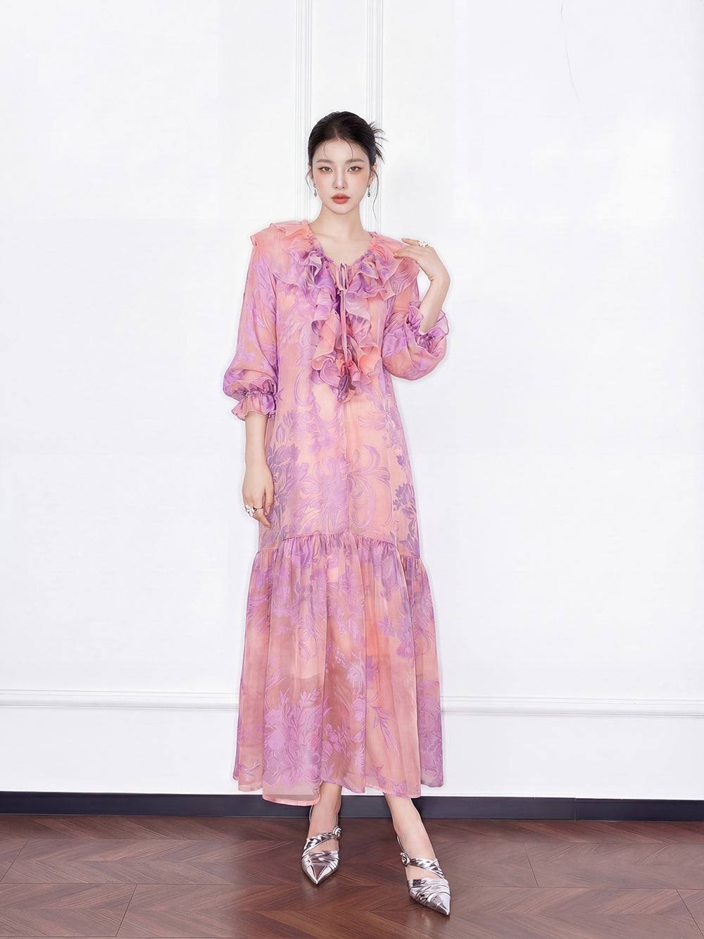 MUKZIN "Capsule Collection" New Chinese Style Embroidered Ruffle V-Neck Printed Pink Dress