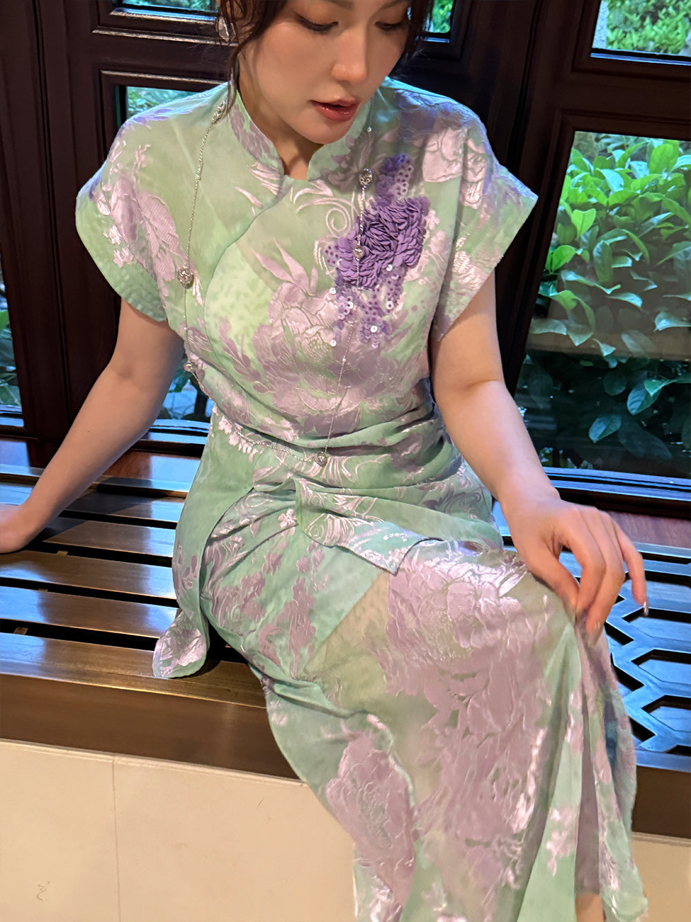MUKZIN "Capsule Collection" New‑Chinese Style Jacquard Modified Qipao Short‑Sleeve Set Midi Skirt