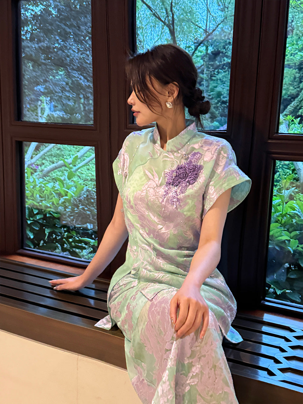 MUKZIN "Capsule Collection" New‑Chinese Style Jacquard Modified Qipao Short‑Sleeve Set Midi Skirt