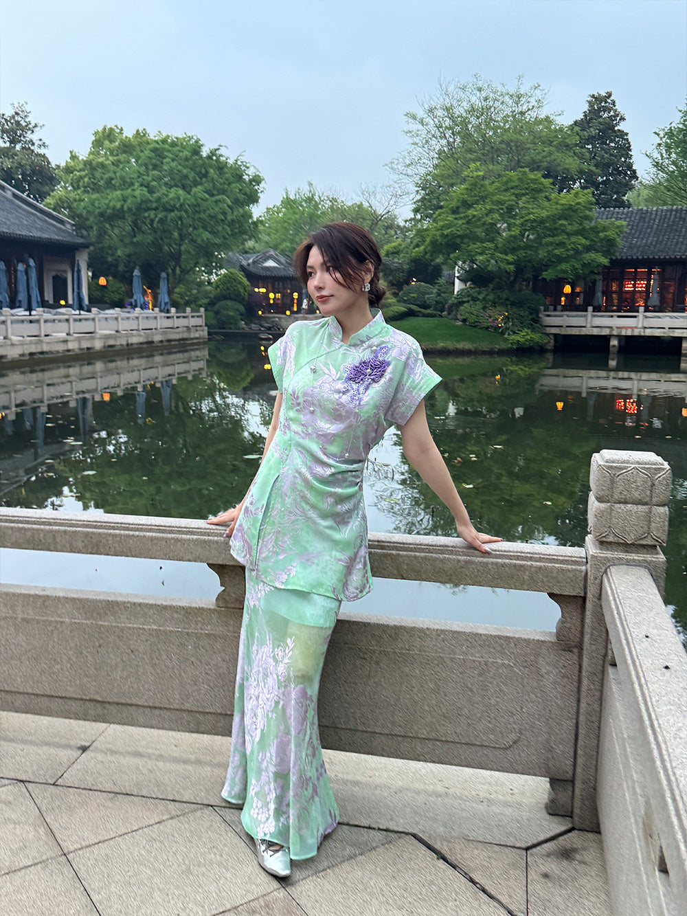 MUKZIN "Capsule Collection" New‑Chinese Style Jacquard Modified Qipao Short‑Sleeve Set Midi Skirt