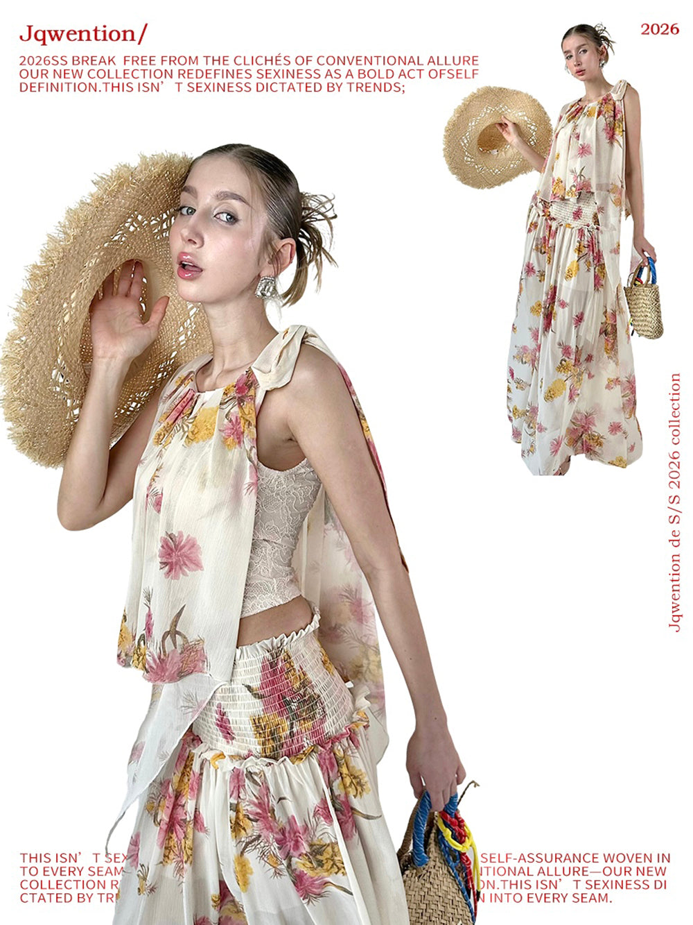 MUKTANK × Jqwention Floral Chiffon Halter Vacation Cami & Midi Skirt Two-Piece Top