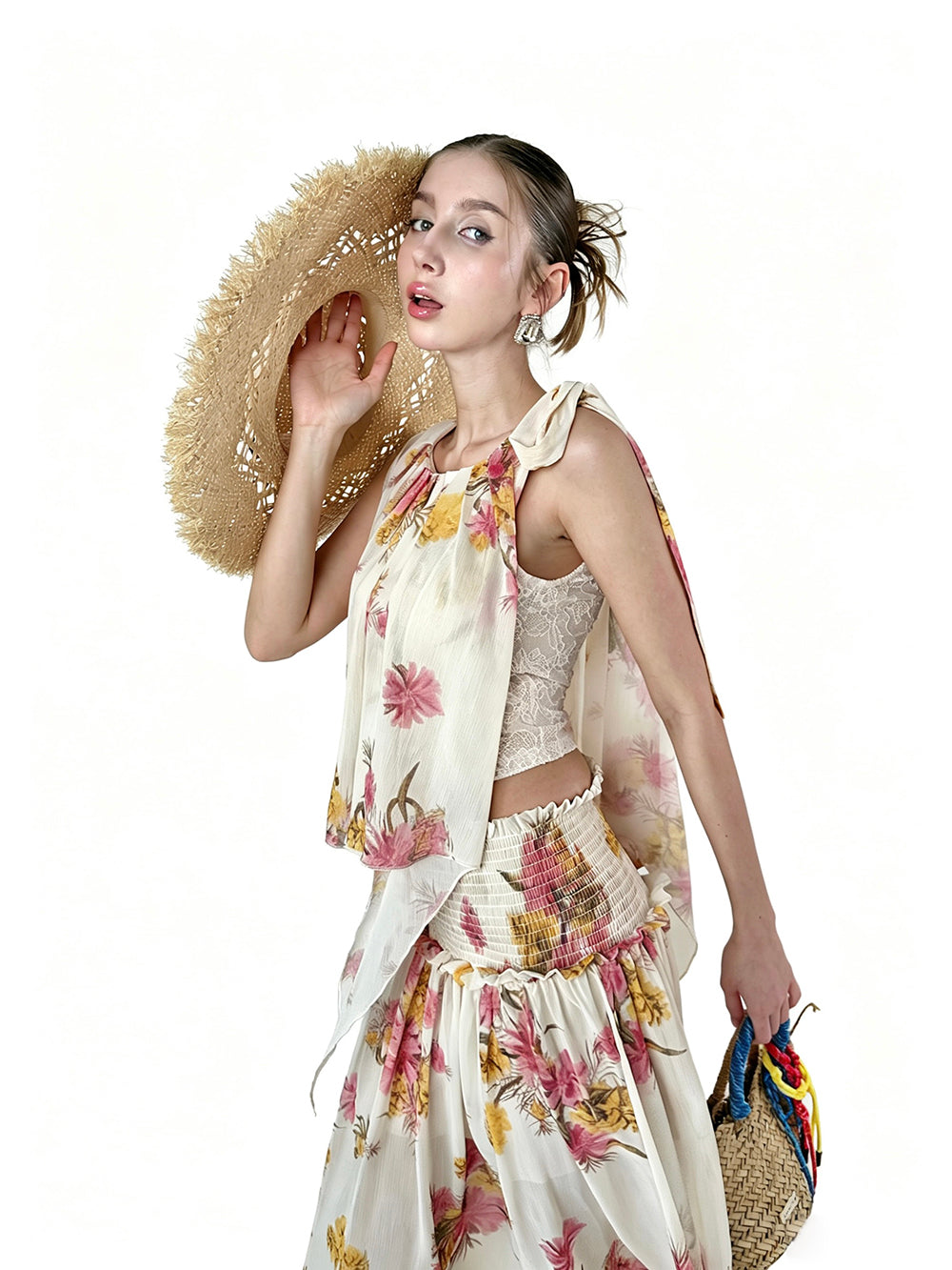 MUKTANK × Jqwention Floral Chiffon Halter Vacation Cami & Midi Skirt Two-Piece Skirt