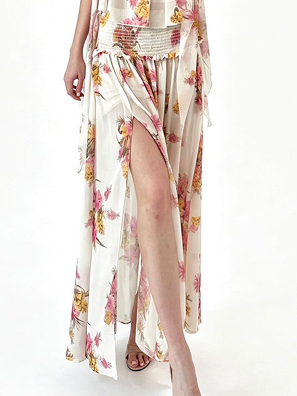 MUKTANK × Jqwention Floral Chiffon Halter Vacation Cami & Midi Skirt Two-Piece Skirt