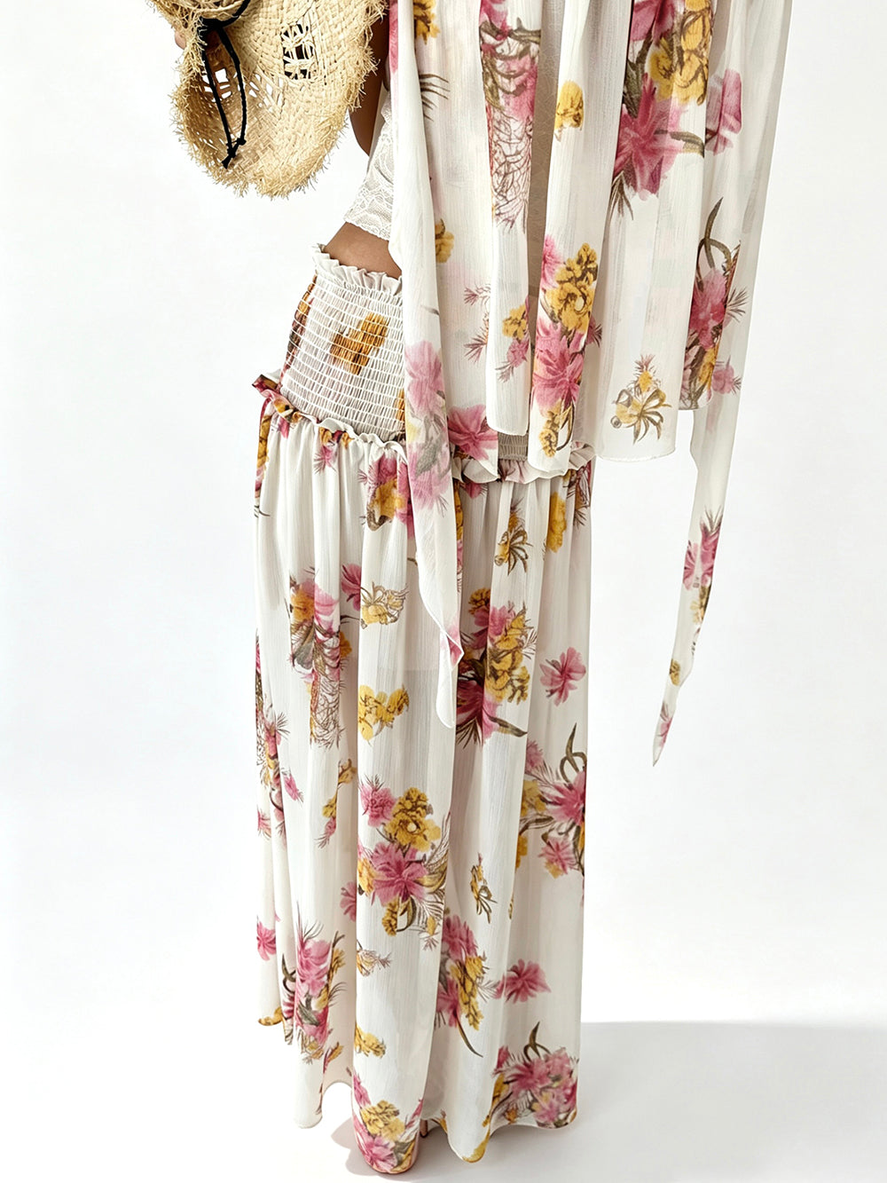 MUKTANK × Jqwention Floral Chiffon Halter Vacation Cami & Midi Skirt Two-Piece Top