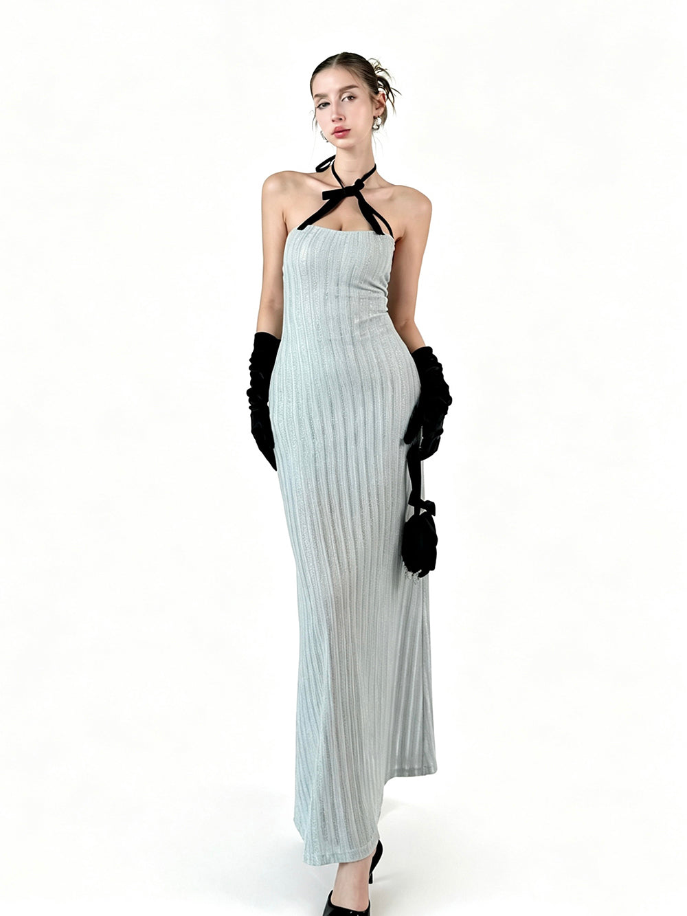 MUKTANK × Jqwention Blue Bow Bustier Slim Elegant Maxi Dress