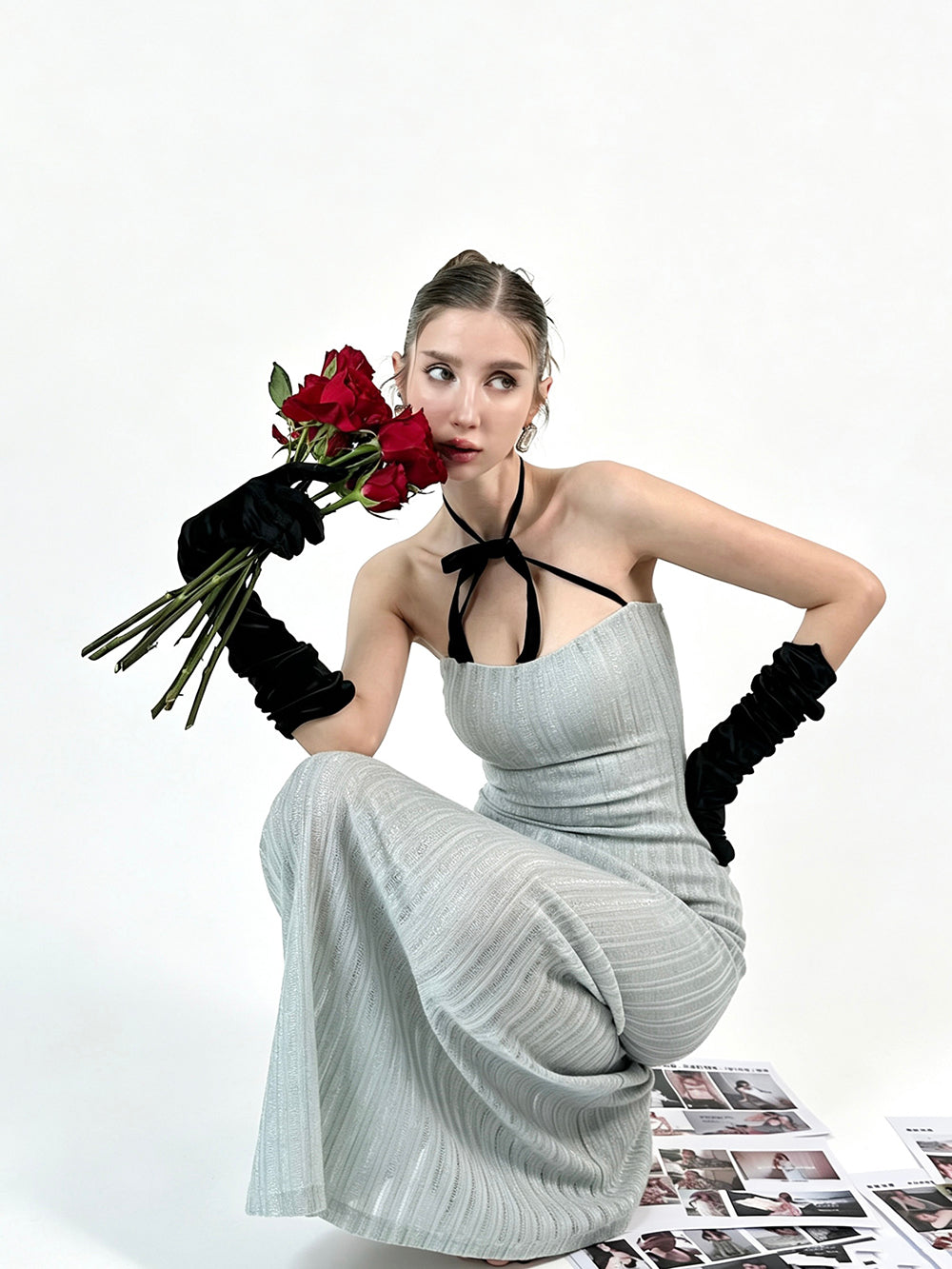 MUKTANK × Jqwention Blue Bow Bustier Slim Elegant Maxi Dress