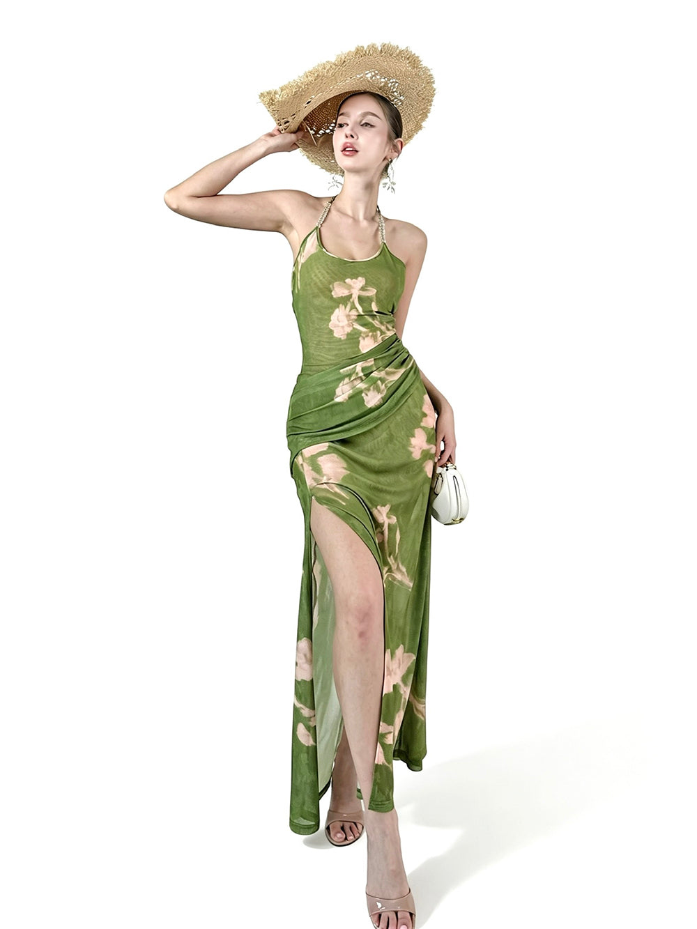 MUKTANK × Jqwention Summer Floral Print Halter U-Neck Slim Vacation Midi Dress