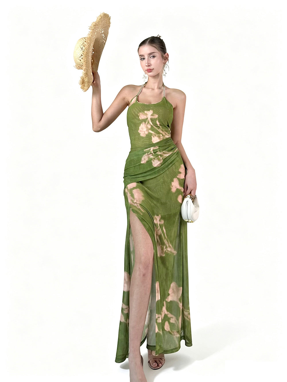 MUKTANK × Jqwention Summer Floral Print Halter U-Neck Slim Vacation Midi Dress