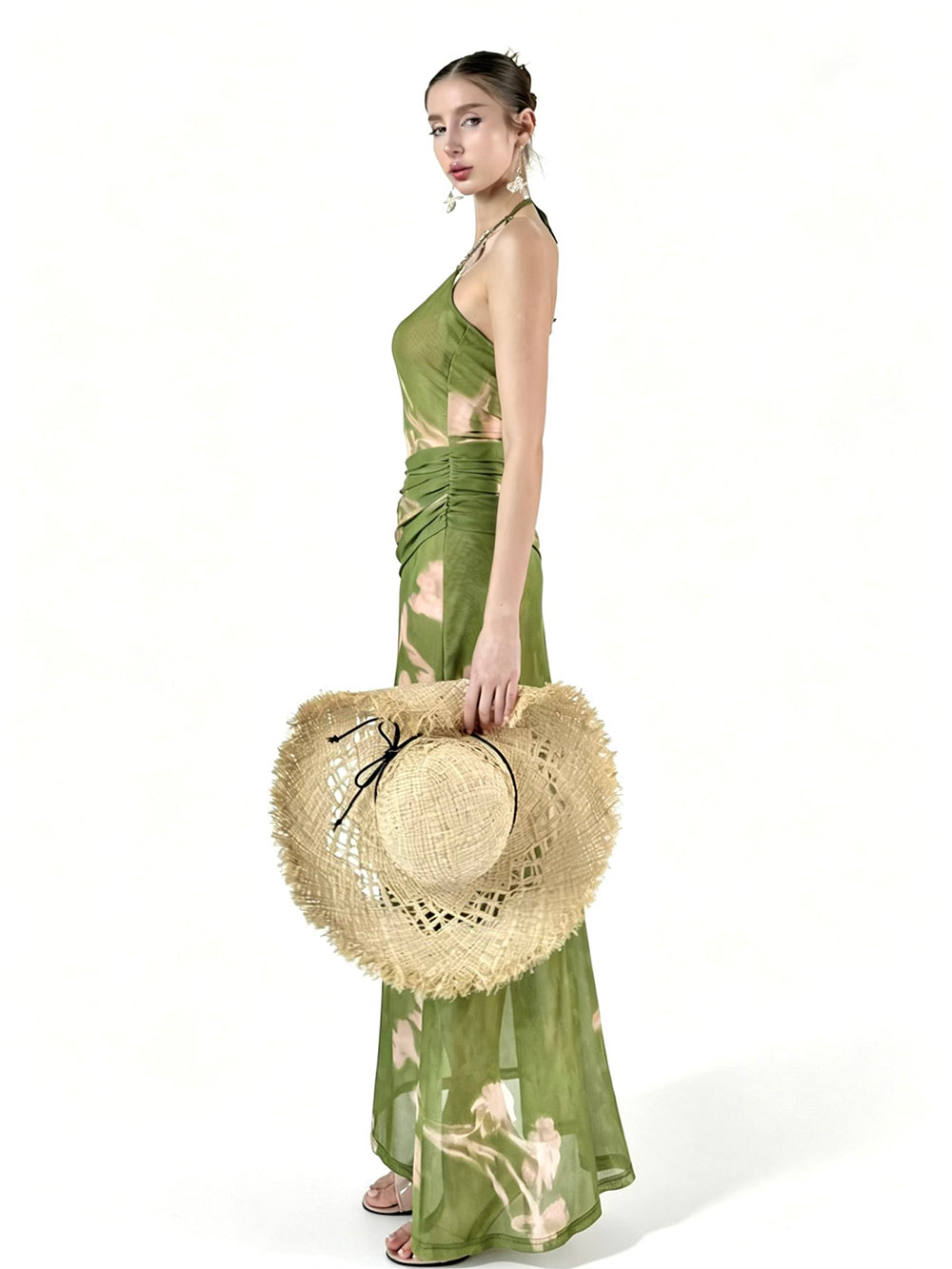 MUKTANK × Jqwention Summer Floral Print Halter U-Neck Slim Vacation Midi Dress