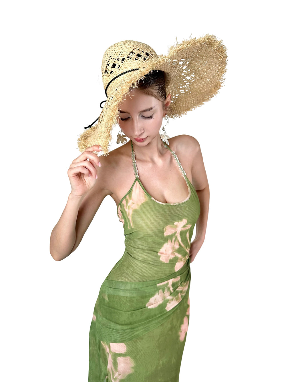 MUKTANK × Jqwention Summer Floral Print Halter U-Neck Slim Vacation Midi Dress