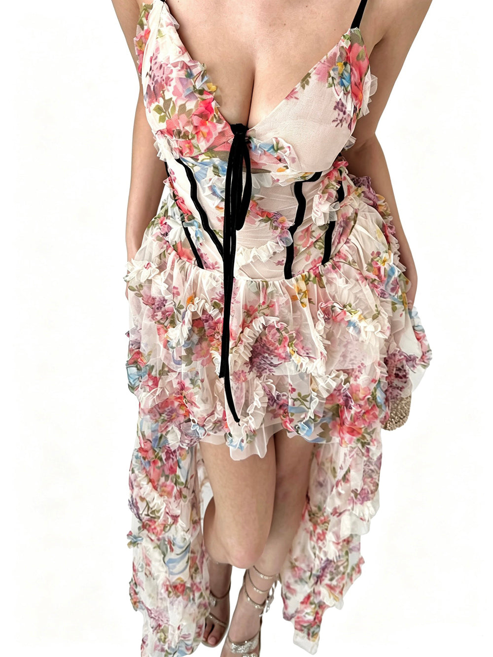 MUKTANK × Jqwention Summer Floral Halter V-Neck Waisted Flared Dress
