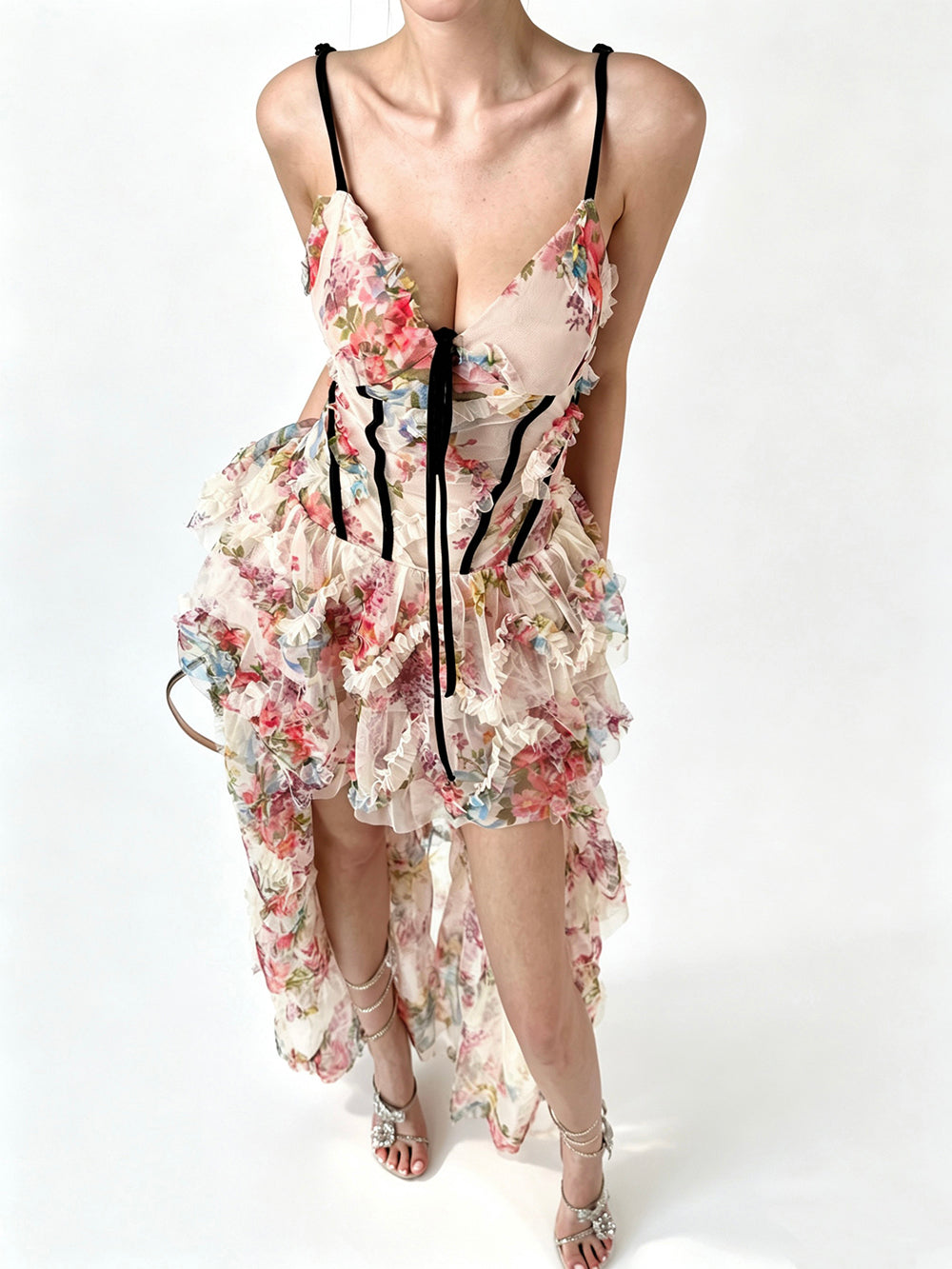 MUKTANK × Jqwention Summer Floral Halter V-Neck Waisted Flared Dress