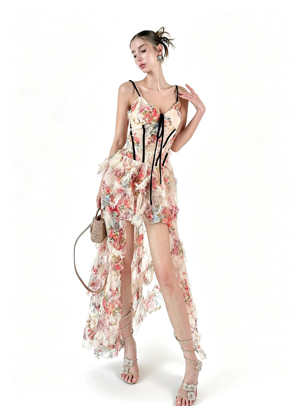 MUKTANK × Jqwention Summer Floral Halter V-Neck Waisted Flared Dress