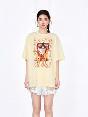 MUKZIN Yellow Loose New Chinese Style Printed T-Shirt