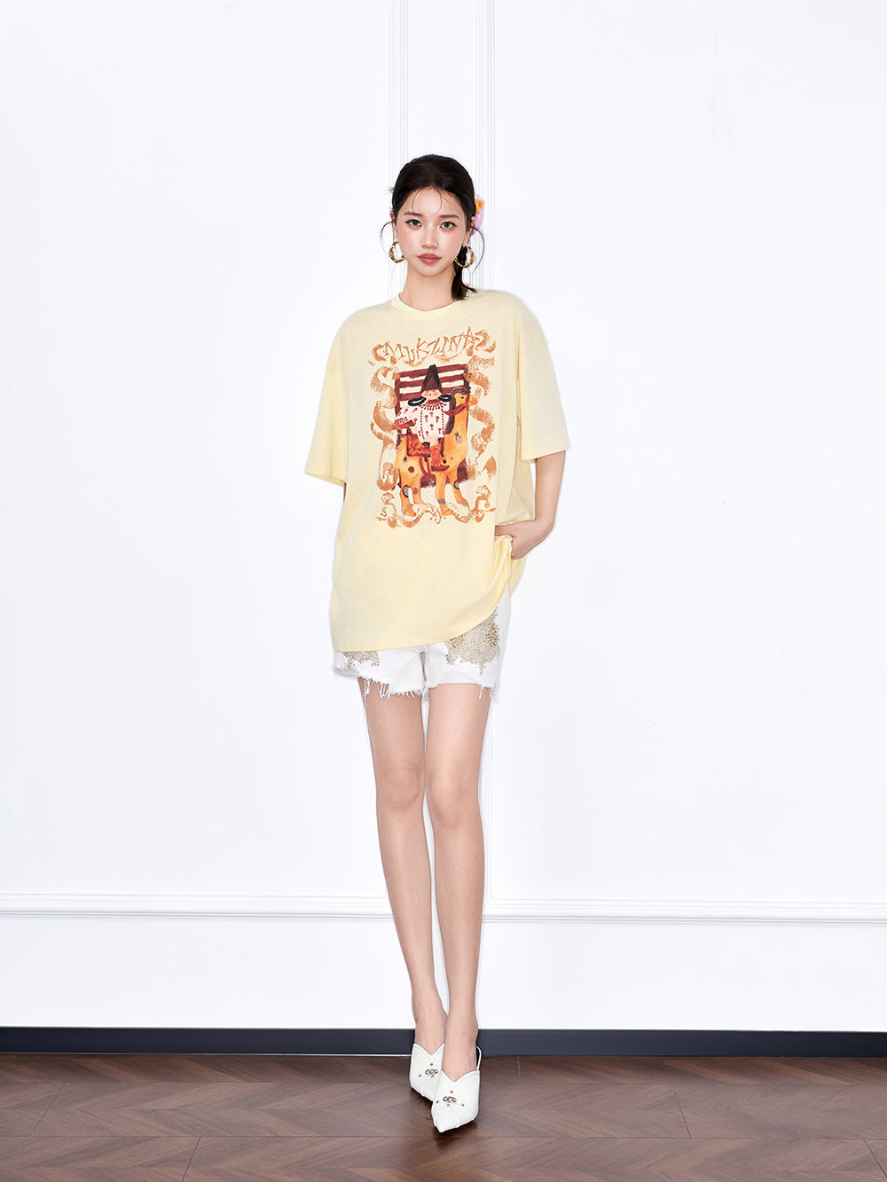 MUKZIN Yellow Loose New Chinese Style Printed T-Shirt