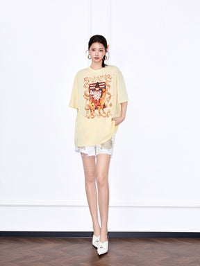 MUKZIN Yellow Loose New Chinese Style Printed T-Shirt