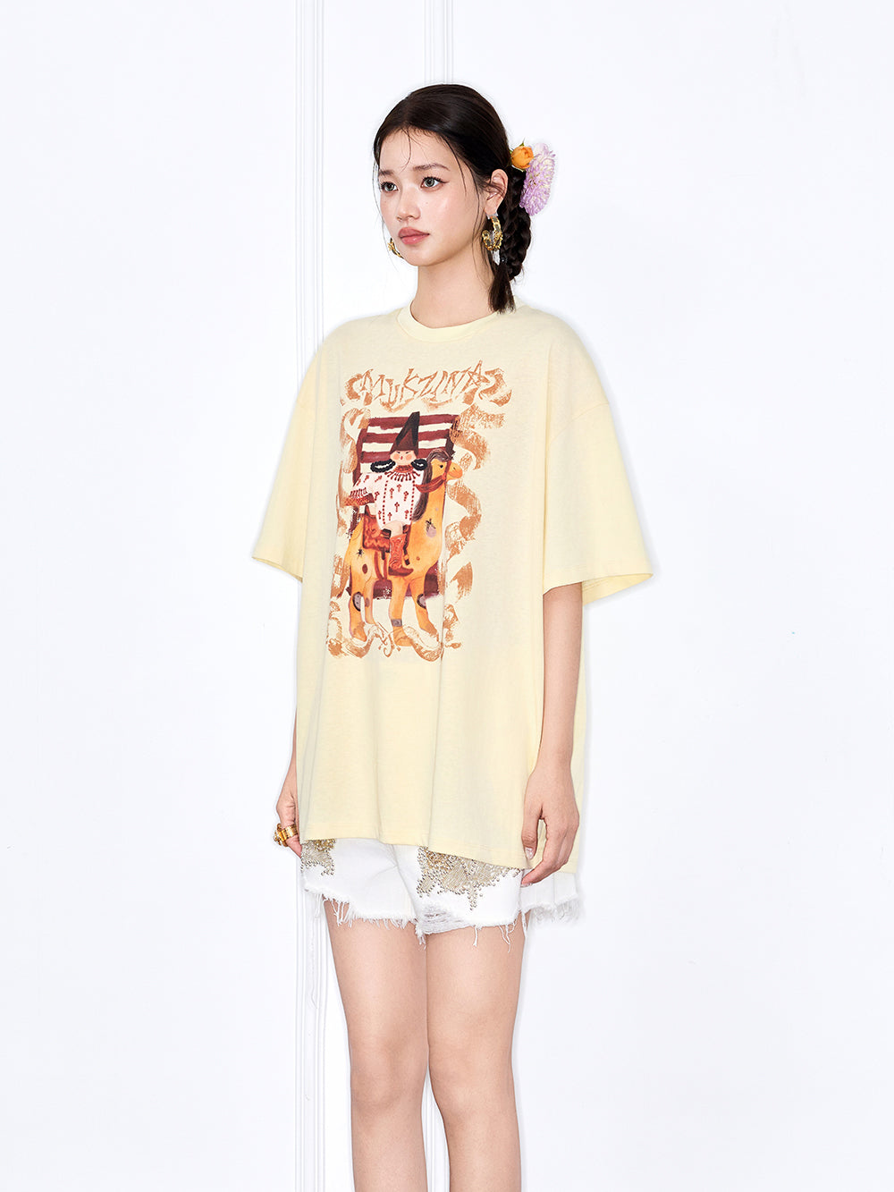 MUKZIN Yellow Loose New Chinese Style Printed T-Shirt