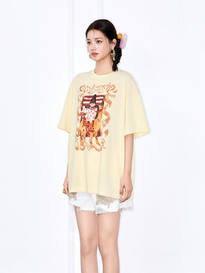 MUKZIN Yellow Loose New Chinese Style Printed T-Shirt