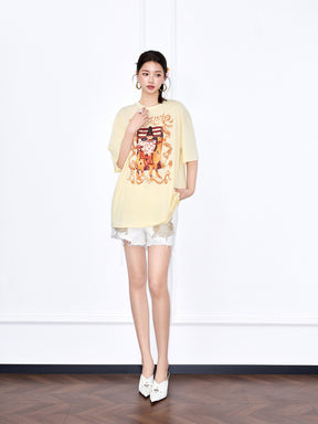 MUKZIN Yellow Loose New Chinese Style Printed T-Shirt