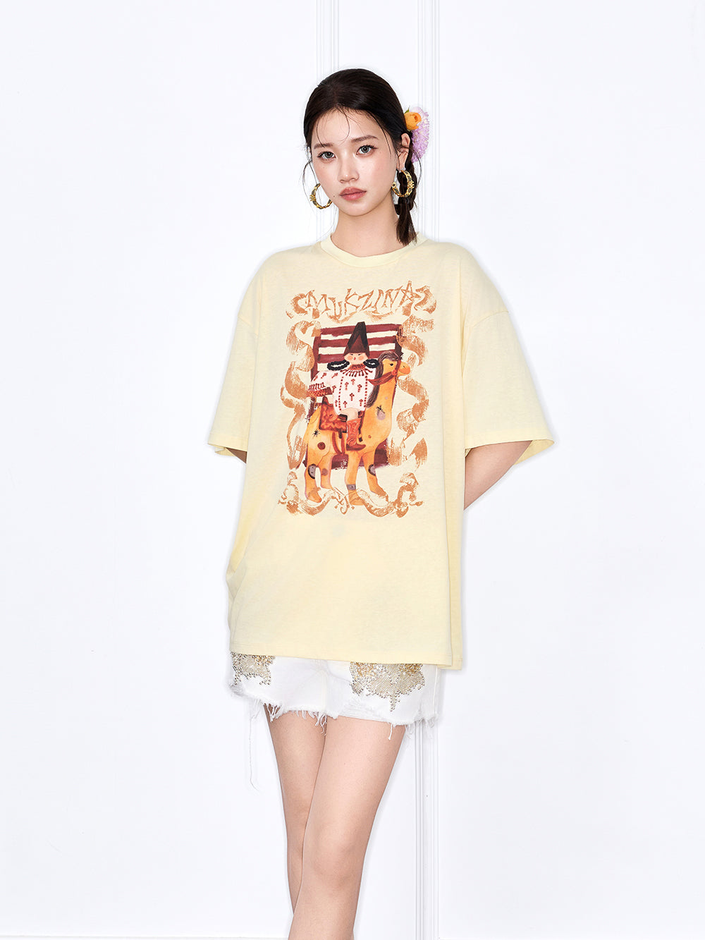 MUKZIN Yellow Loose New Chinese Style Printed T-Shirt