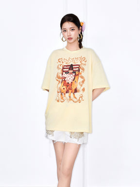 MUKZIN Yellow Loose New Chinese Style Printed T-Shirt