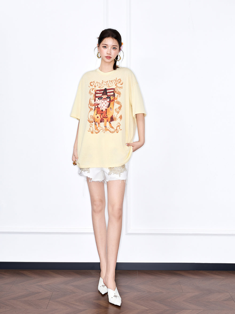MUKZIN Yellow Loose New Chinese Style Printed T-Shirt