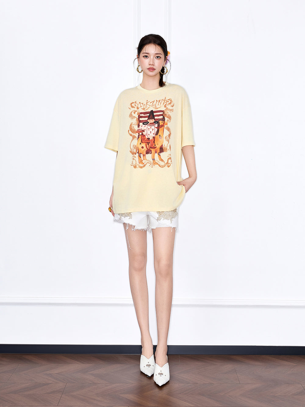 MUKZIN Yellow Loose New Chinese Style Printed T-Shirt