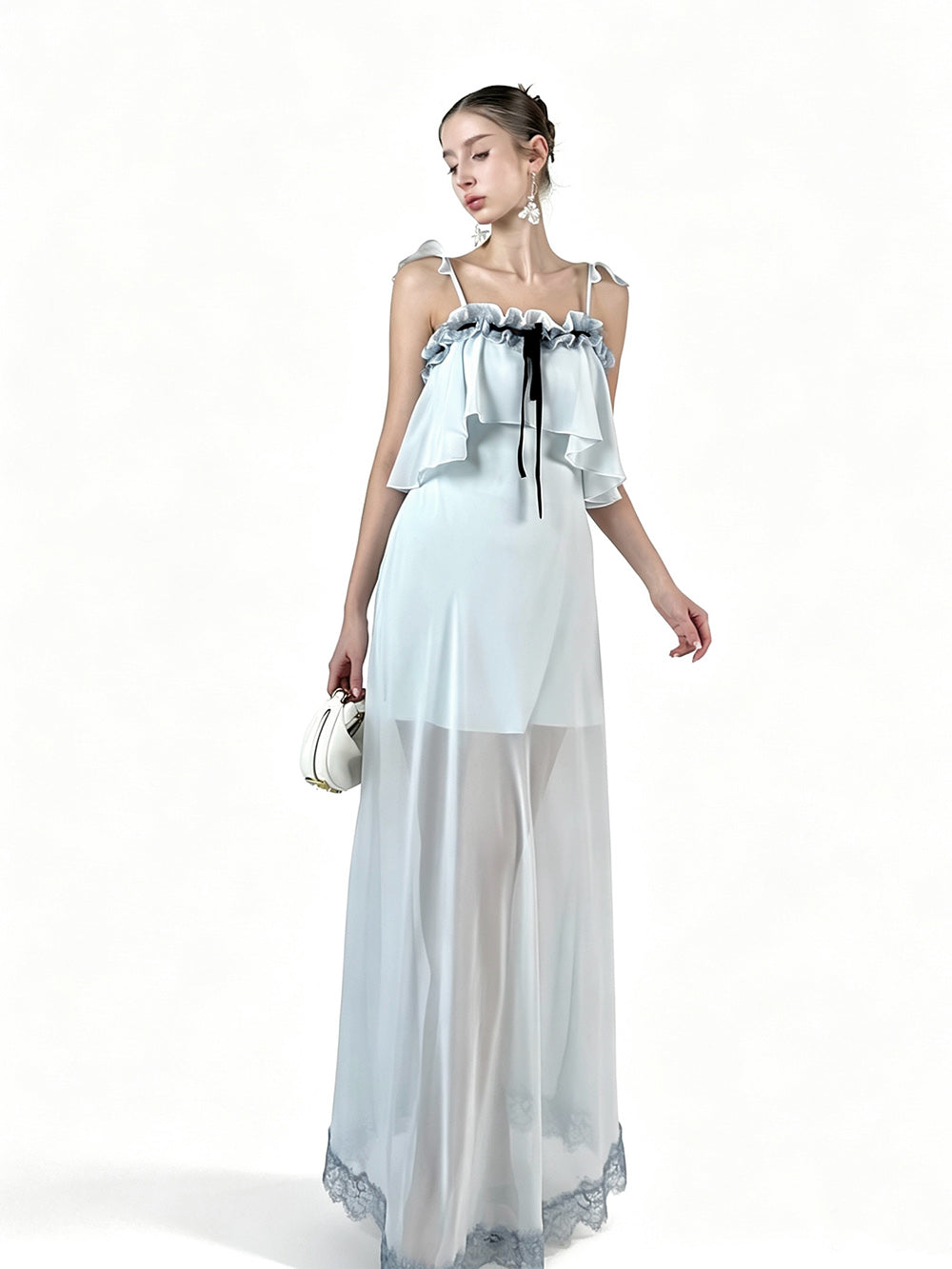MUKTANK×Jqwention French Blue Ruffle Camisole Slim Fairy Elegant Dress