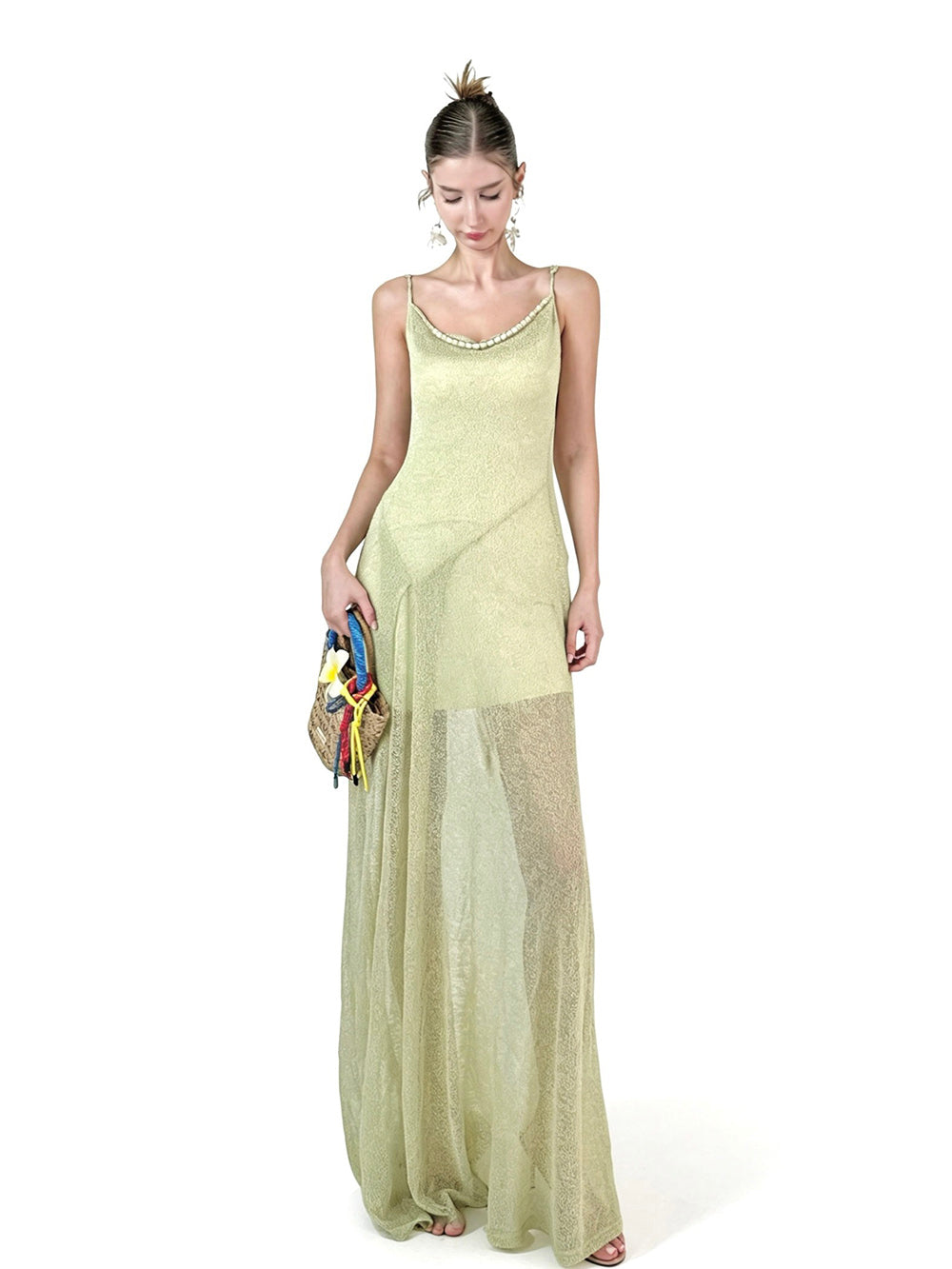 MUKTANK×Jqwention Pale Green Beaded Camisole Slim Designer Elegant Maxi Dress