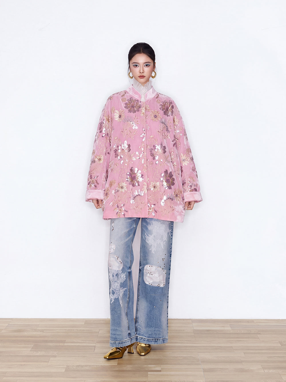 MUKZIN×Capsule Collection New Chinese-Style Pink Velvet Jacket with Floral Embroidery and Stand Collar