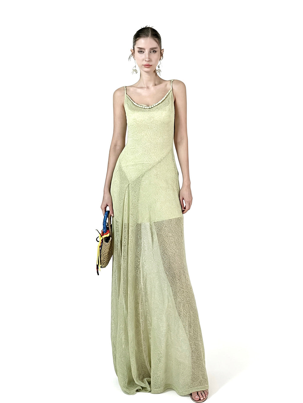 MUKTANK×Jqwention Pale Green Beaded Camisole Slim Designer Elegant Maxi Dress