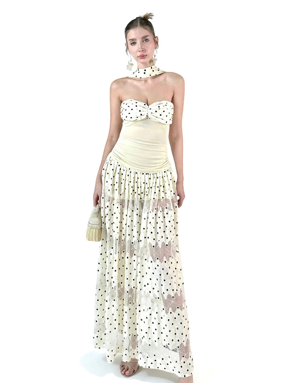 MUKTANK×Jqwention French Polka Dot Bandeau Vintage Sequin Halter Slim Dress