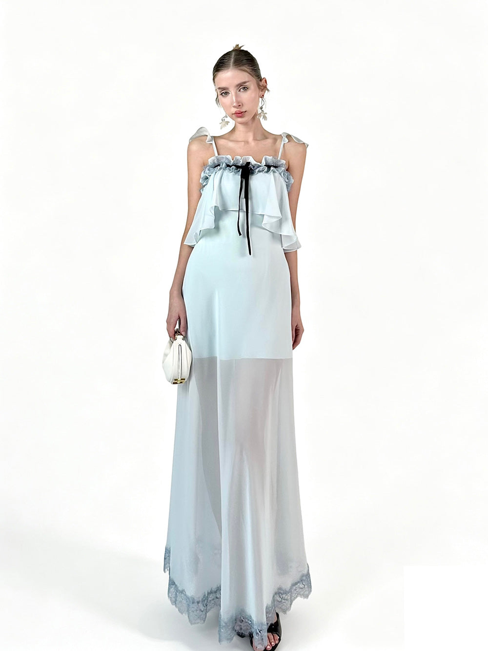 MUKTANK×Jqwention French Blue Ruffle Camisole Slim Fairy Elegant Dress