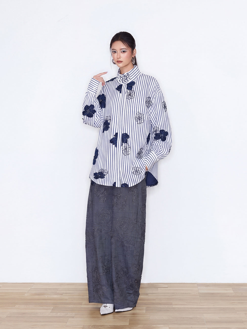 MUKZIN×Capsule Collection New Chinese-Style Embroidered Striped Long Sleeve Shirt