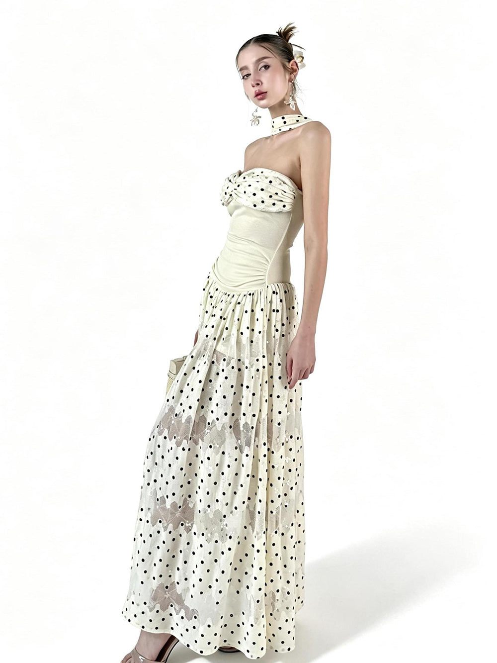 MUKTANK×Jqwention French Polka Dot Bandeau Vintage Sequin Halter Slim Dress