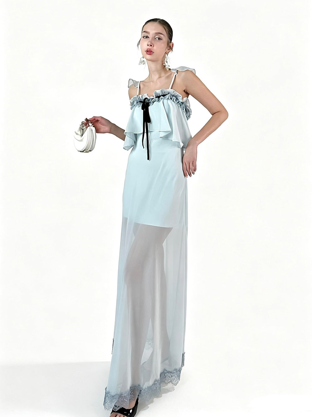 MUKTANK×Jqwention French Blue Ruffle Camisole Slim Fairy Elegant Dress