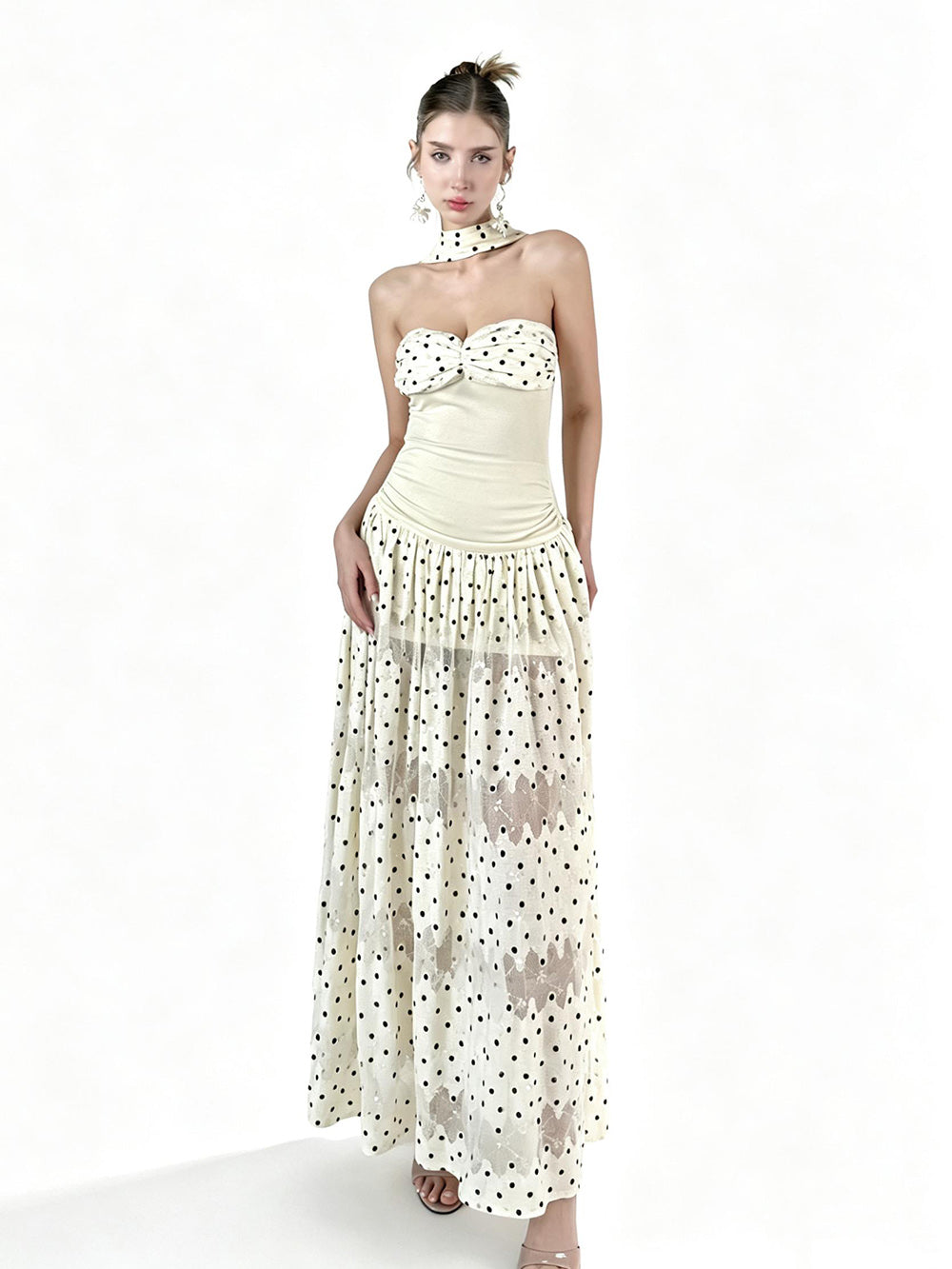 MUKTANK×Jqwention French Polka Dot Bandeau Vintage Sequin Halter Slim Dress