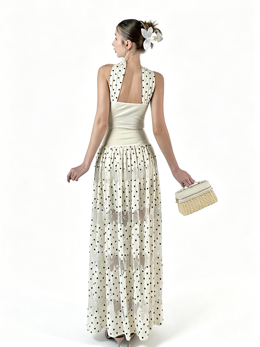 MUKTANK×Jqwention French Polka Dot Bandeau Vintage Sequin Halter Slim Dress
