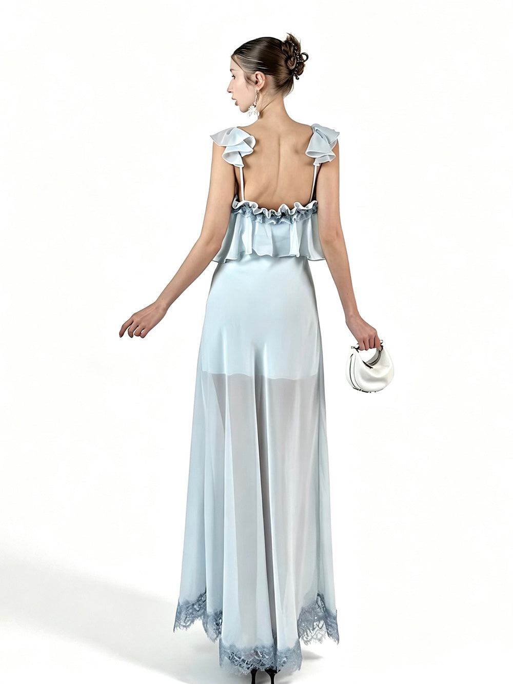 MUKTANK×Jqwention French Blue Ruffle Camisole Slim Fairy Elegant Dress