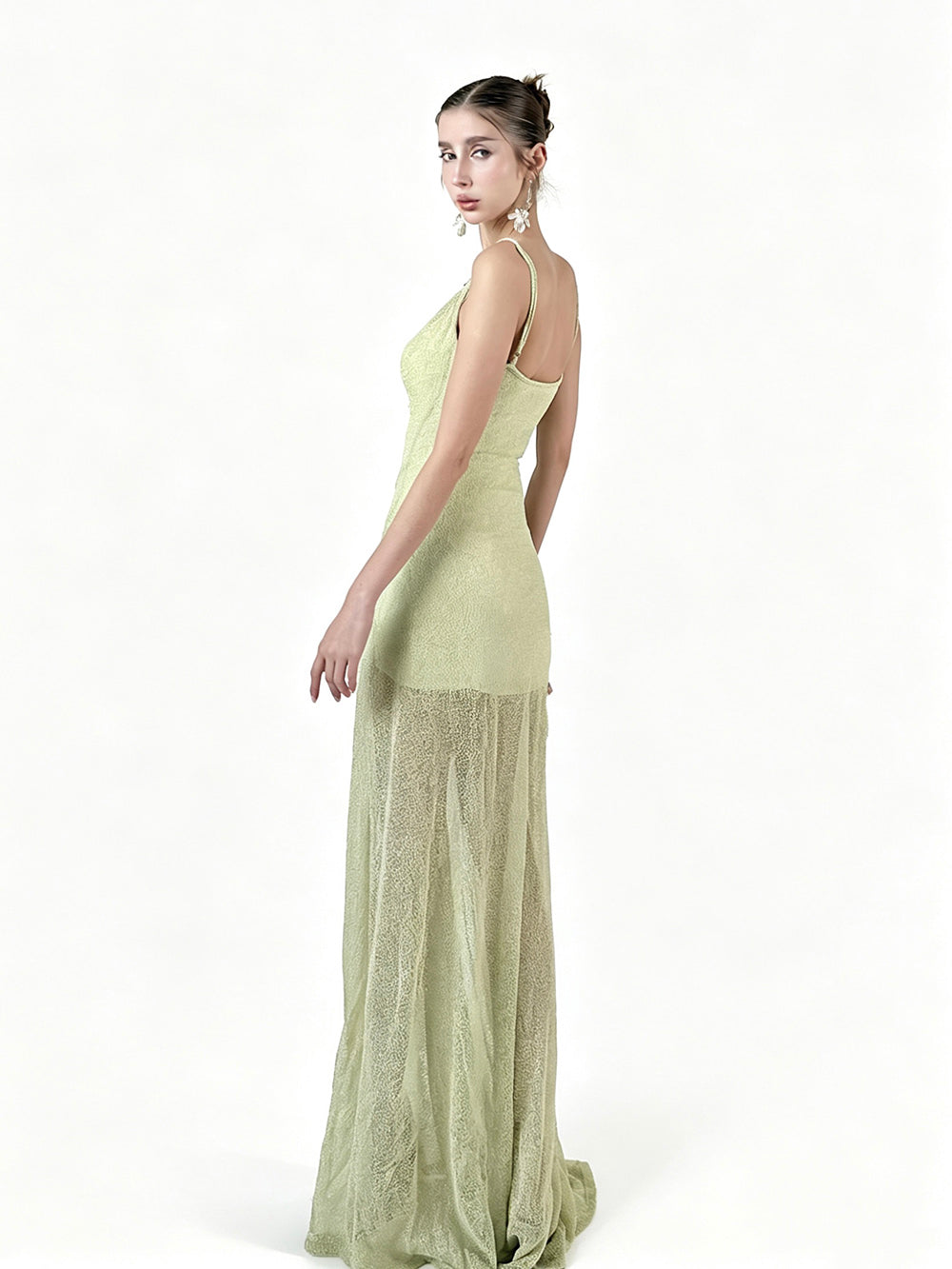MUKTANK×Jqwention Pale Green Beaded Camisole Slim Designer Elegant Maxi Dress