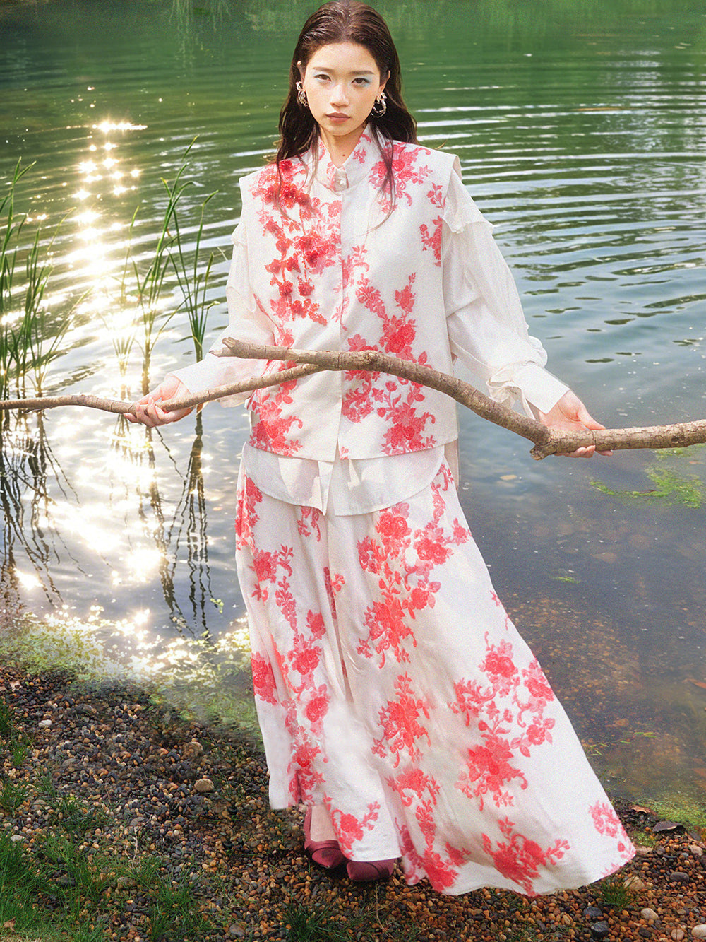 MUKZIN×Flourishing Blooms New Chinese-style intangible cultural heritage Hami hand-embroidered printed skirt