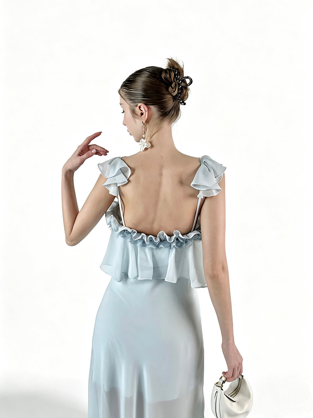 MUKTANK×Jqwention French Blue Ruffle Camisole Slim Fairy Elegant Dress
