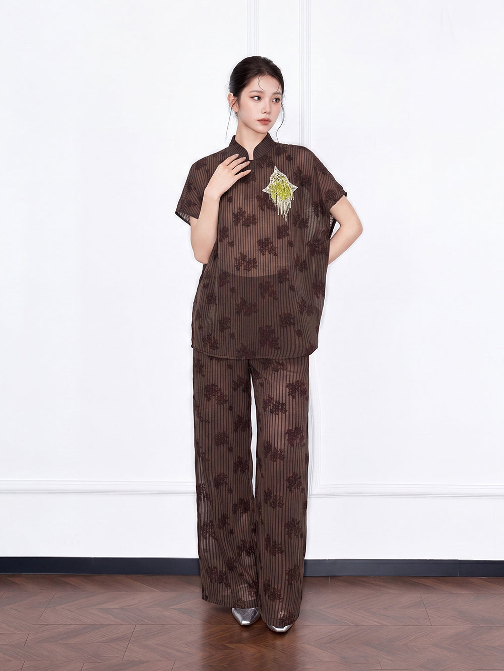 MUKZIN×Capsule Collection Modern Chinese Shirt Set with ICH Hami Hand Embroidery