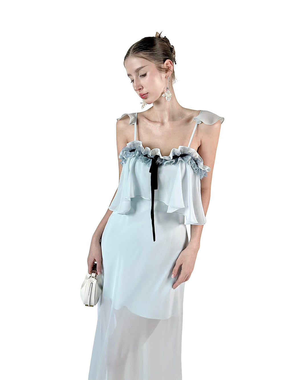 MUKTANK×Jqwention French Blue Ruffle Camisole Slim Fairy Elegant Dress