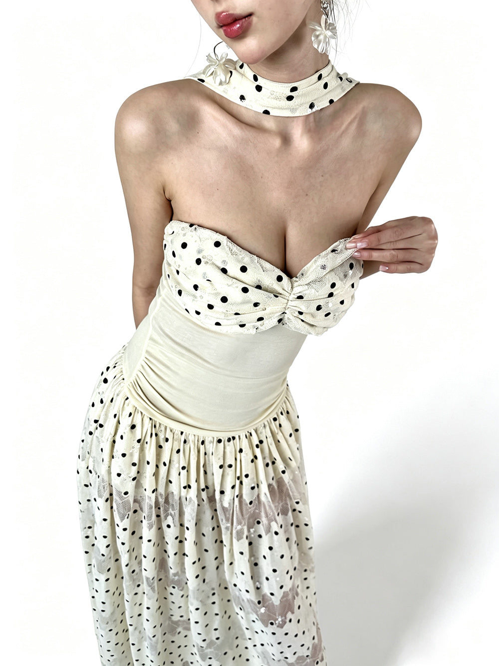 MUKTANK×Jqwention French Polka Dot Bandeau Vintage Sequin Halter Slim Dress