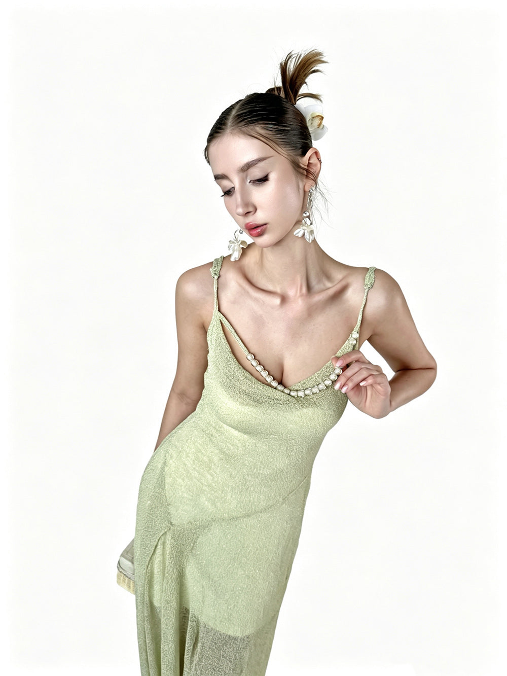 MUKTANK×Jqwention Pale Green Beaded Camisole Slim Designer Elegant Maxi Dress