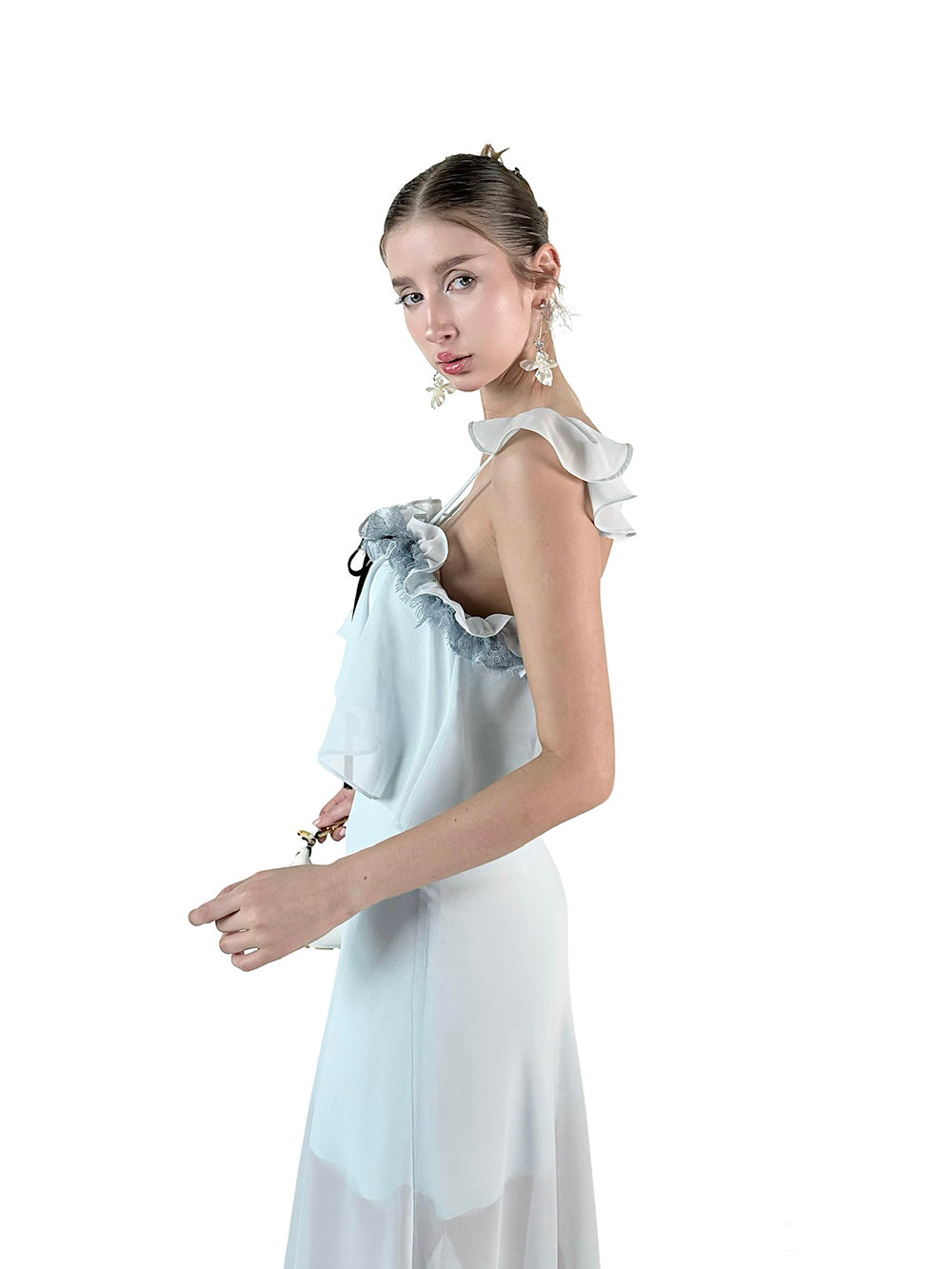 MUKTANK×Jqwention French Blue Ruffle Camisole Slim Fairy Elegant Dress