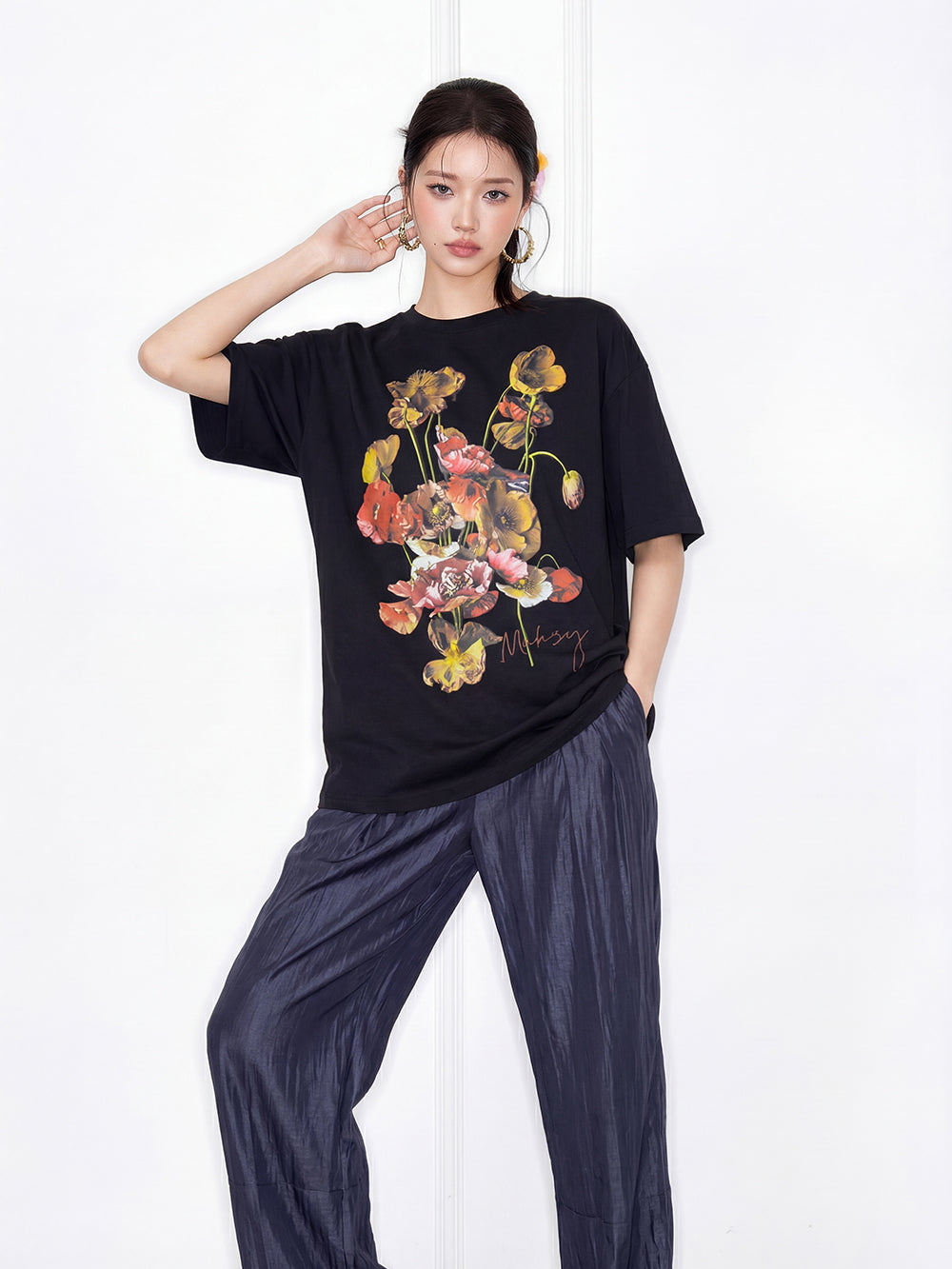 MUKZIN "Flourishing Blooms" Chinese Trend Artistic Floral Loose Black Short-Sleeve T-Shirt